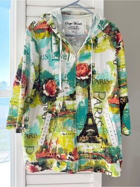 Onque Woman Floral Tie-Dye Zip Hoodie in Teal & Yellow XXXL plus long sleeve 3X